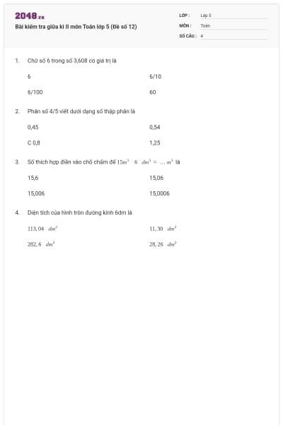 Bài kiểm tra giữa kì II môn Toán lớp 5 (Đề số 12)