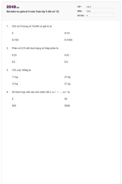 Bài kiểm tra giữa kì II môn Toán lớp 5 (Đề số 13)