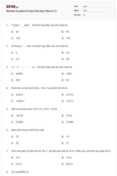 Bài kiểm tra giữa kì II môn Toán lớp 5 (Đề số 11)