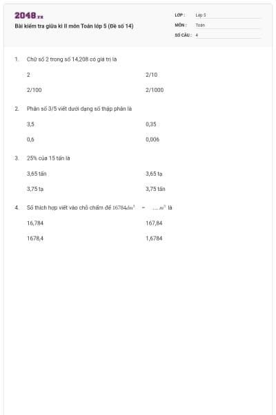 Bài kiểm tra giữa kì II môn Toán lớp 5 (Đề số 14)