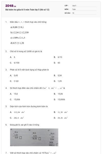 Bài kiểm tra giữa kì II môn Toán lớp 5 (Đề số 12)