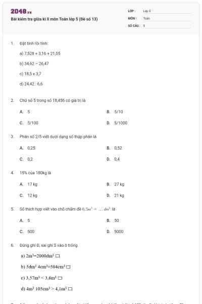 Bài kiểm tra giữa kì II môn Toán lớp 5 (Đề số 13)