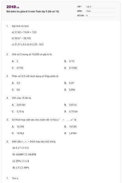 Bài kiểm tra giữa kì II môn Toán lớp 5 (Đề số 14)