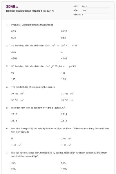 Bài kiểm tra giữa II môn Toán lớp 5 (Đề số 17)
