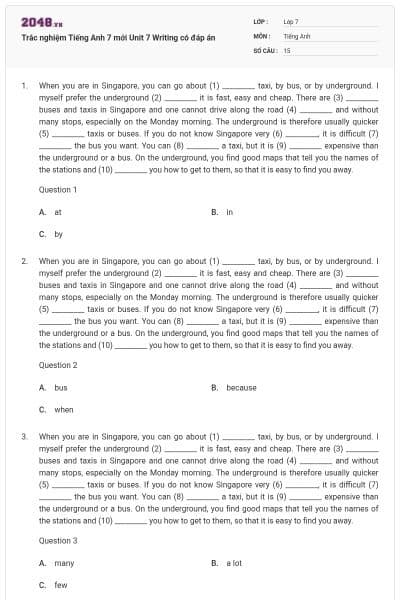 Trắc nghiệm Tiếng Anh 7 mới Unit 7 Writing có đáp án