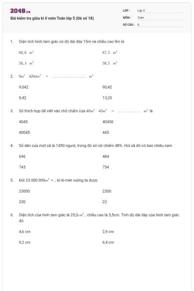 Bài kiểm tra giữa kì II môn Toán lớp 5 (Đề số 18)