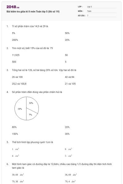 Bài kiểm tra giữa kì II môn Toán lớp 5 (Đề số 19)