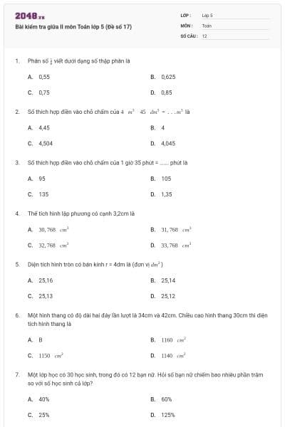 Bài kiểm tra giữa II môn Toán lớp 5 (Đề số 17)