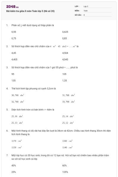 Bài kiểm tra giữa II môn Toán lớp 5 (Đề số 20)