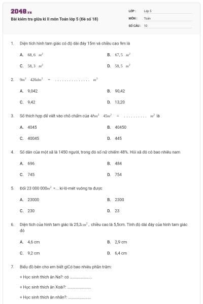 Bài kiểm tra giữa kì II môn Toán lớp 5 (Đề số 18)