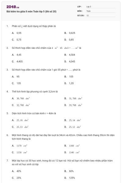 Bài kiểm tra giữa II môn Toán lớp 5 (Đề số 20)