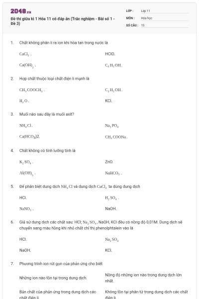 Đề thi giữa kì 1 Hóa 11 có đáp án (Trắc nghiệm - Bài số 1 - Đề 3)