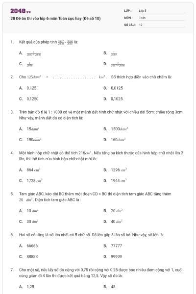 28 Đề ôn thi vào lớp 6 môn Toán cực hay (Đề số 10)