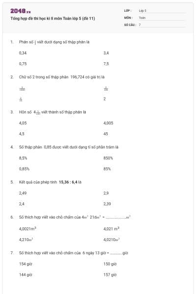 Tổng hợp đề thi học kì II môn Toán lớp 5 (đề 11)