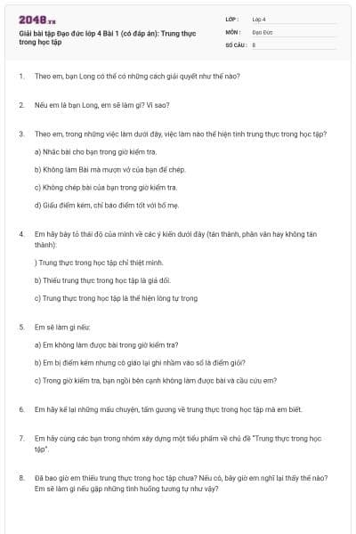 Giải bài tập Đạo đức lớp 4 Bài 1 (có đáp án): Trung thực trong học tập