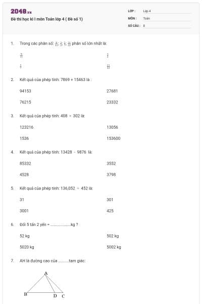 Đề thi học kì I môn Toán lớp 4 ( Đề số 1)