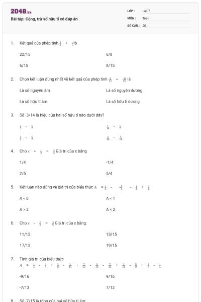 Bài tập: Cộng, trừ số hữu tỉ có đáp án