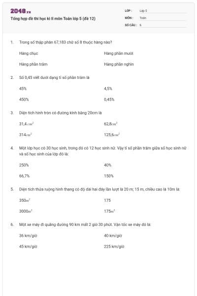 Tổng hợp đề thi học kì II môn Toán lớp 5 (đề 12)
