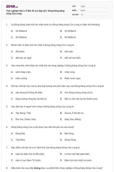 Trắc nghiệm Địa Lí 9 Bài 35 (có đáp án): Vùng Đồng bằng sông Cửu Long
