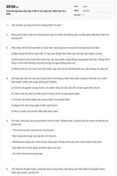 Giải bài tập Đạo đức lớp 4 Bài 3 (có đáp án): Biết bày tỏ ý kiến