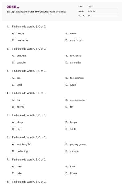 Bài tập Trắc nghiệm Unit 10 Vocabulary and Grammar