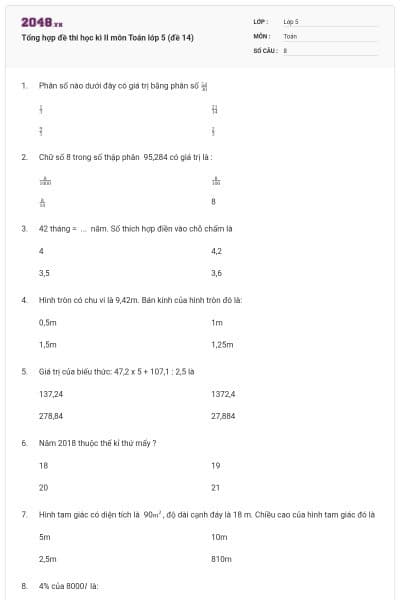 Tổng hợp đề thi học kì II môn Toán lớp 5 (đề 14)