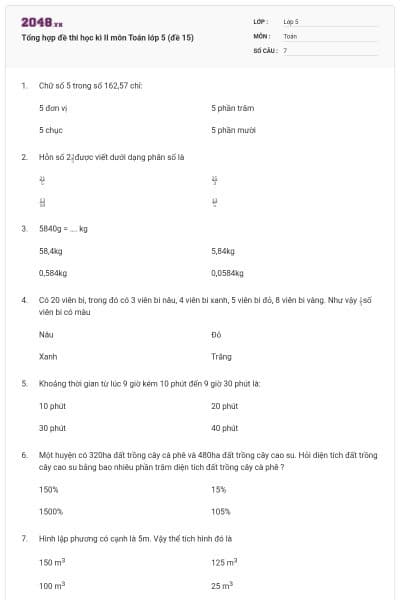 Tổng hợp đề thi học kì II môn Toán lớp 5 (đề 15)