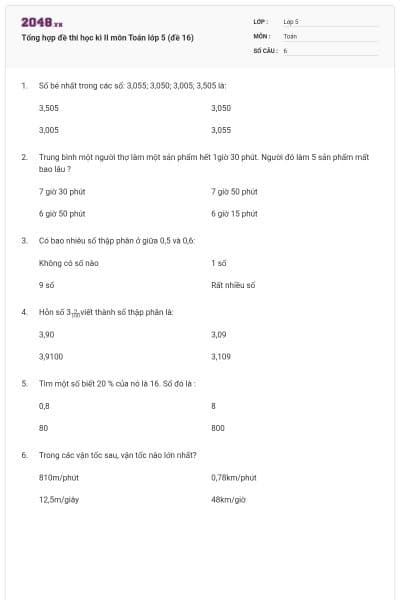 Tổng hợp đề thi học kì II môn Toán lớp 5 (đề 16)