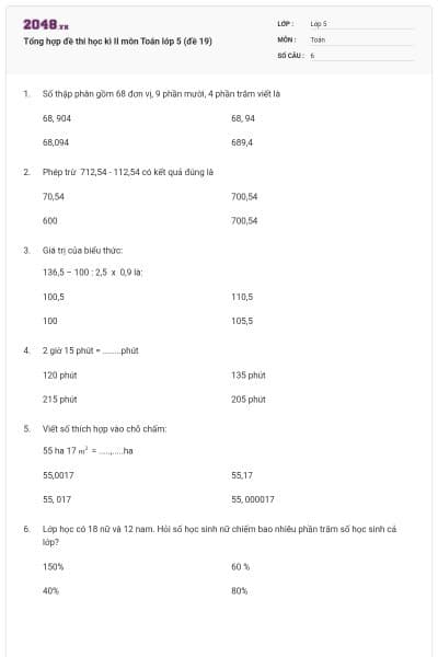 Tổng hợp đề thi học kì II môn Toán lớp 5 (đề 19)