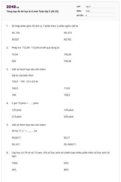 Tổng hợp đề thi học kì II môn Toán lớp 5 (đề 20)