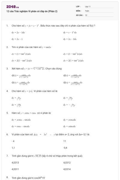 12 câu Trắc nghiệm Vi phân có đáp án (Phần 2)