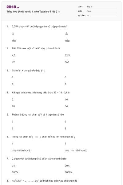 Tổng hợp đề thi học kì II môn Toán lớp 5 (đề 21)