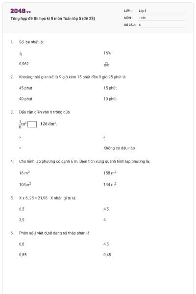 Tổng hợp đề thi học kì II môn Toán lớp 5 (đề 23)