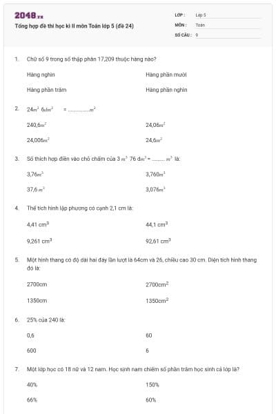 Tổng hợp đề thi học kì II môn Toán lớp 5 (đề 24)