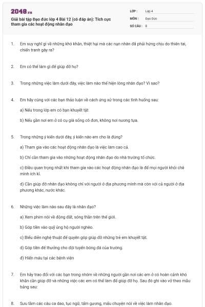 Giải bài tập Đạo đức lớp 4 Bài 12 (có đáp án): Tích cực tham gia các hoạt động nhân đạo