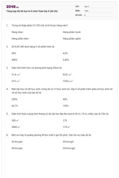 Tổng hợp đề thi học kì II môn Toán lớp 5 (đề 26)