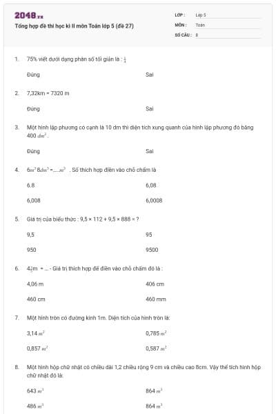 Tổng hợp đề thi học kì II môn Toán lớp 5 (đề 27)