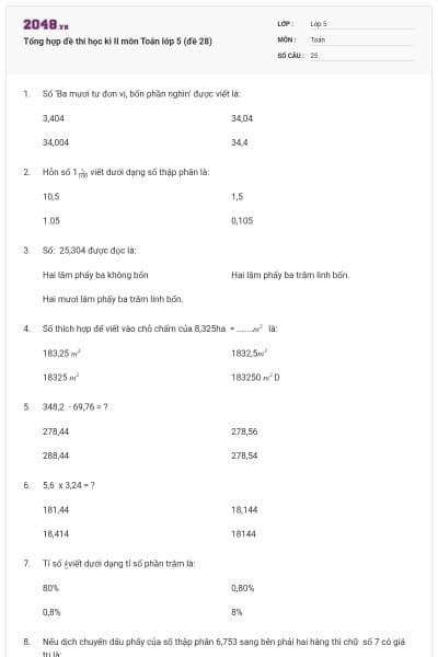 Tổng hợp đề thi học kì II môn Toán lớp 5 (đề 28)