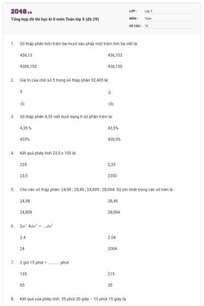 Tổng hợp đề thi học kì II môn Toán lớp 5 (đề 29)