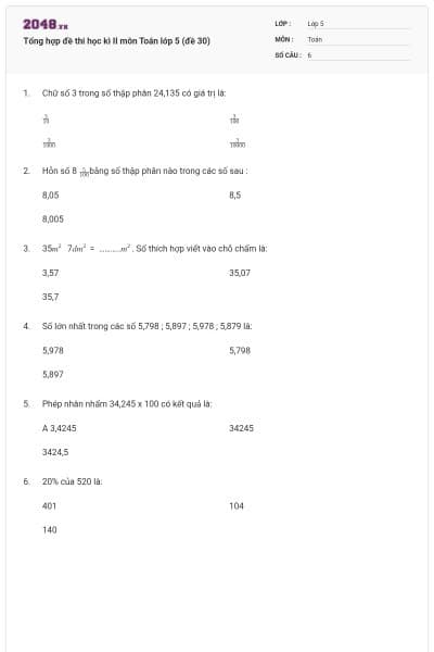 Tổng hợp đề thi học kì II môn Toán lớp 5 (đề 30)