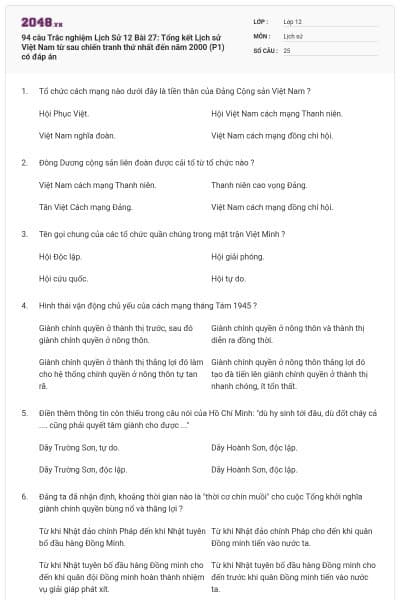 94 câu Trắc nghiệm Lịch Sử 12 Bài 27: Tổng kết Lịch sử Việt Nam từ sau chiến tranh thứ nhất đến năm 2000 (P1) có đáp án