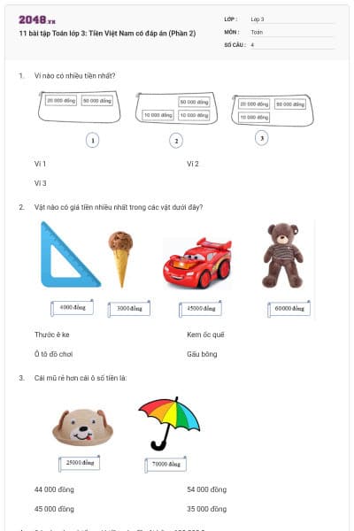 11 bài tập Toán lớp 3: Tiền Việt Nam có đáp án (Phần 2)