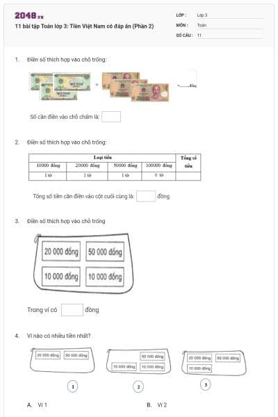 11 bài tập Toán lớp 3: Tiền Việt Nam có đáp án (Phần 2)