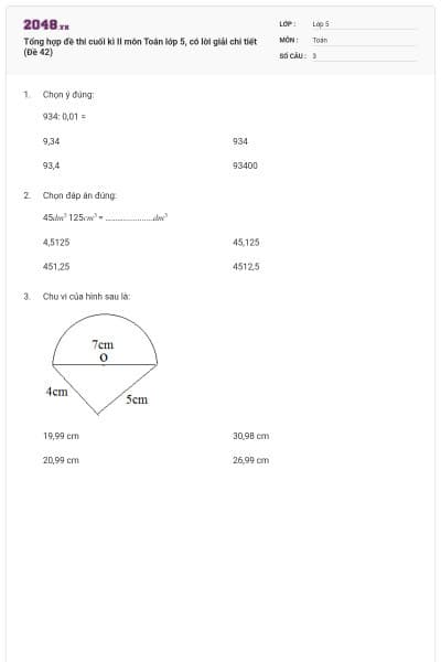 Tổng hợp đề thi cuối kì II môn Toán lớp 5, có lời giải chi tiết (Đề 42)