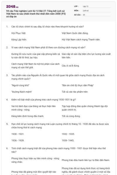 94 câu Trắc nghiệm Lịch Sử 12 Bài 27: Tổng kết Lịch sử Việt Nam từ sau chiến tranh thứ nhất đến năm 2000 (P3) có đáp án