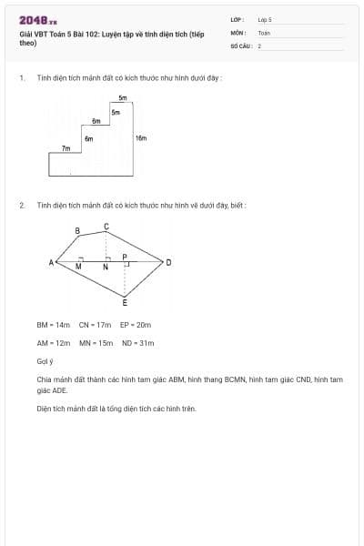 Giải VBT Toán 5 Bài 102: Luyện tập về tính diện tích (tiếp theo)