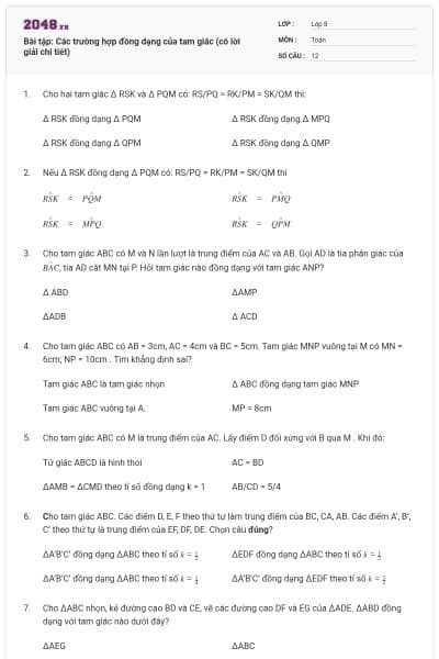 Bài tập: Các trường hợp đồng dạng của tam giác (có lời giải chi tiết)