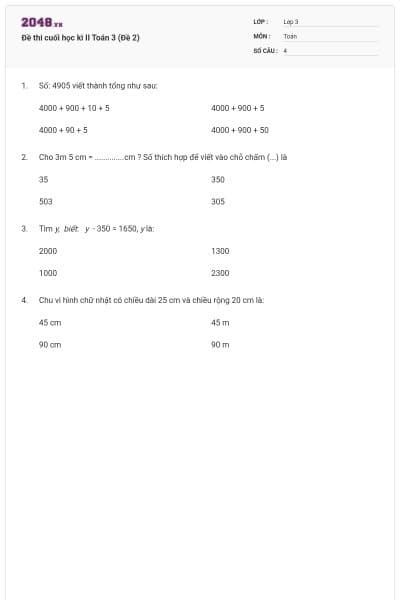 Đề thi cuối học kì II Toán 3 (Đề 2)