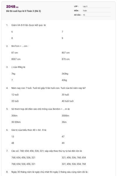 Đề thi cuối học kì II Toán 3 (Đề 3)