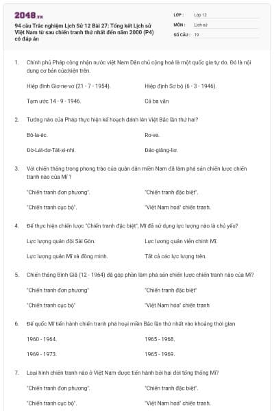 94 câu Trắc nghiệm Lịch Sử 12 Bài 27: Tổng kết Lịch sử Việt Nam từ sau chiến tranh thứ nhất đến năm 2000 (P4) có đáp án
